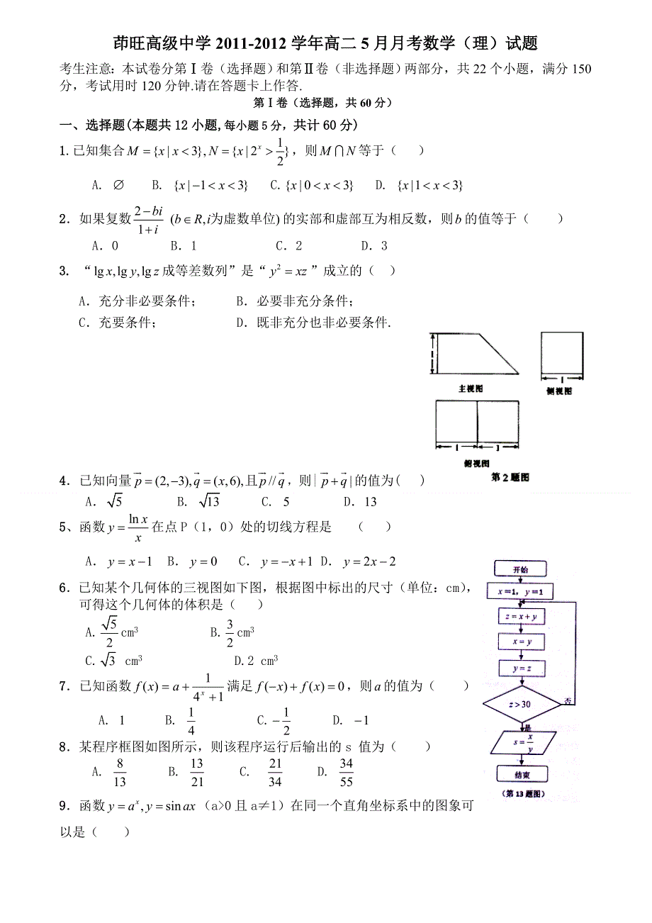 云南省会泽县茚旺高级中学2011-2012学年高二5月月考数学（理）试题（无答案）.doc_第1页