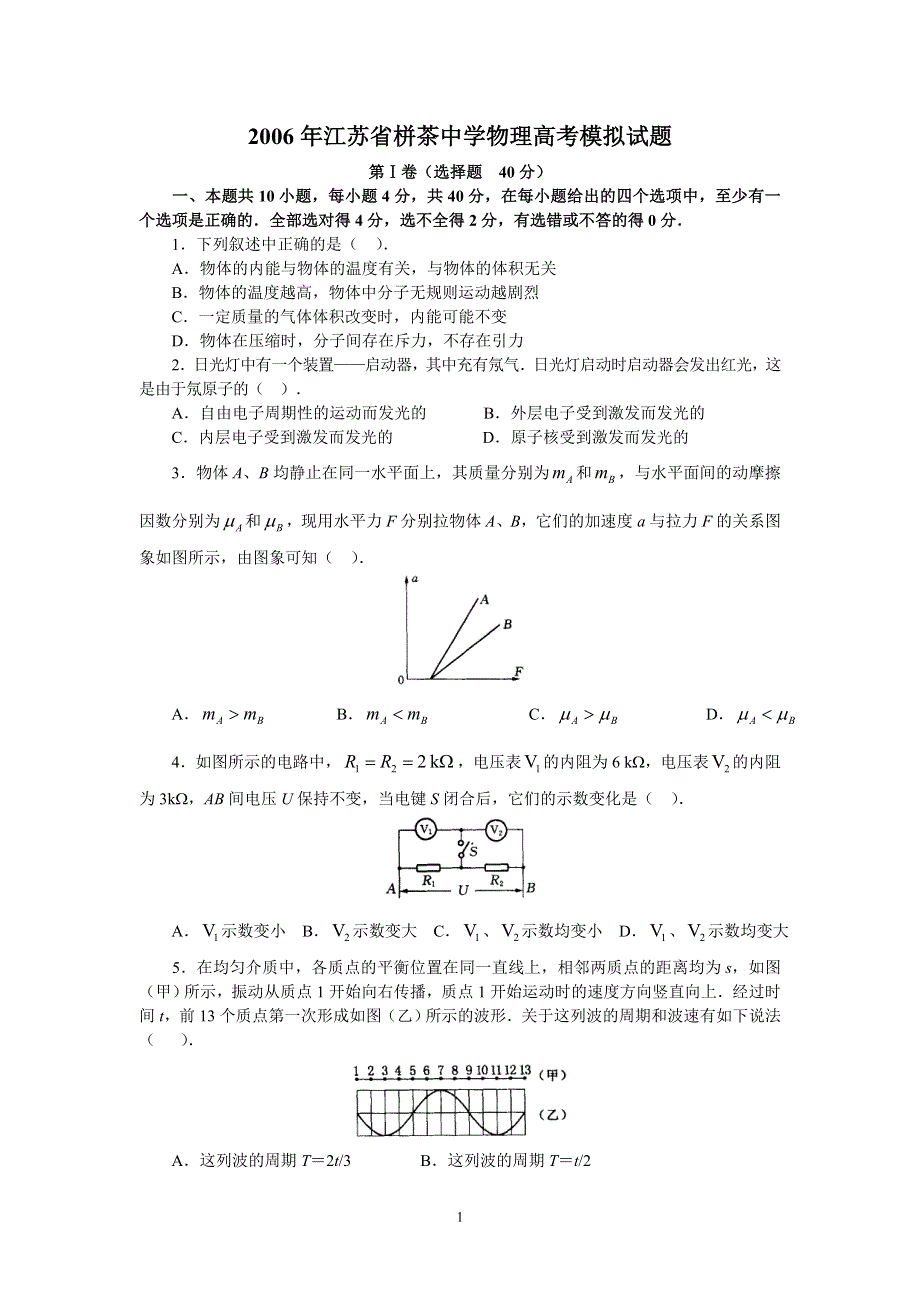 2006年江苏省栟茶中学物理高考模拟试题.doc_第1页