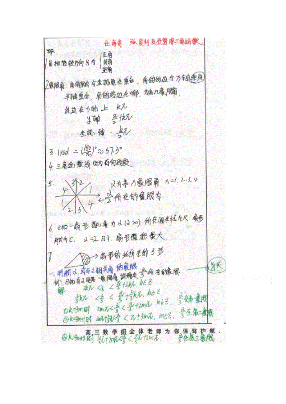 《2014高考 状元笔记》河北省衡水中学高中数学（理）复习测试题小结：27任意角 弧度制及任意三角函数 扫描版含解析.doc_第1页