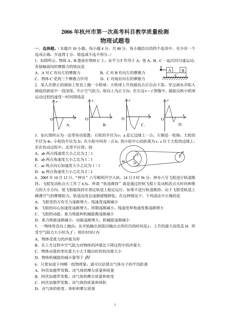 2006年杭州市第一次高考科目教学质量检测物理试题卷.doc_第1页