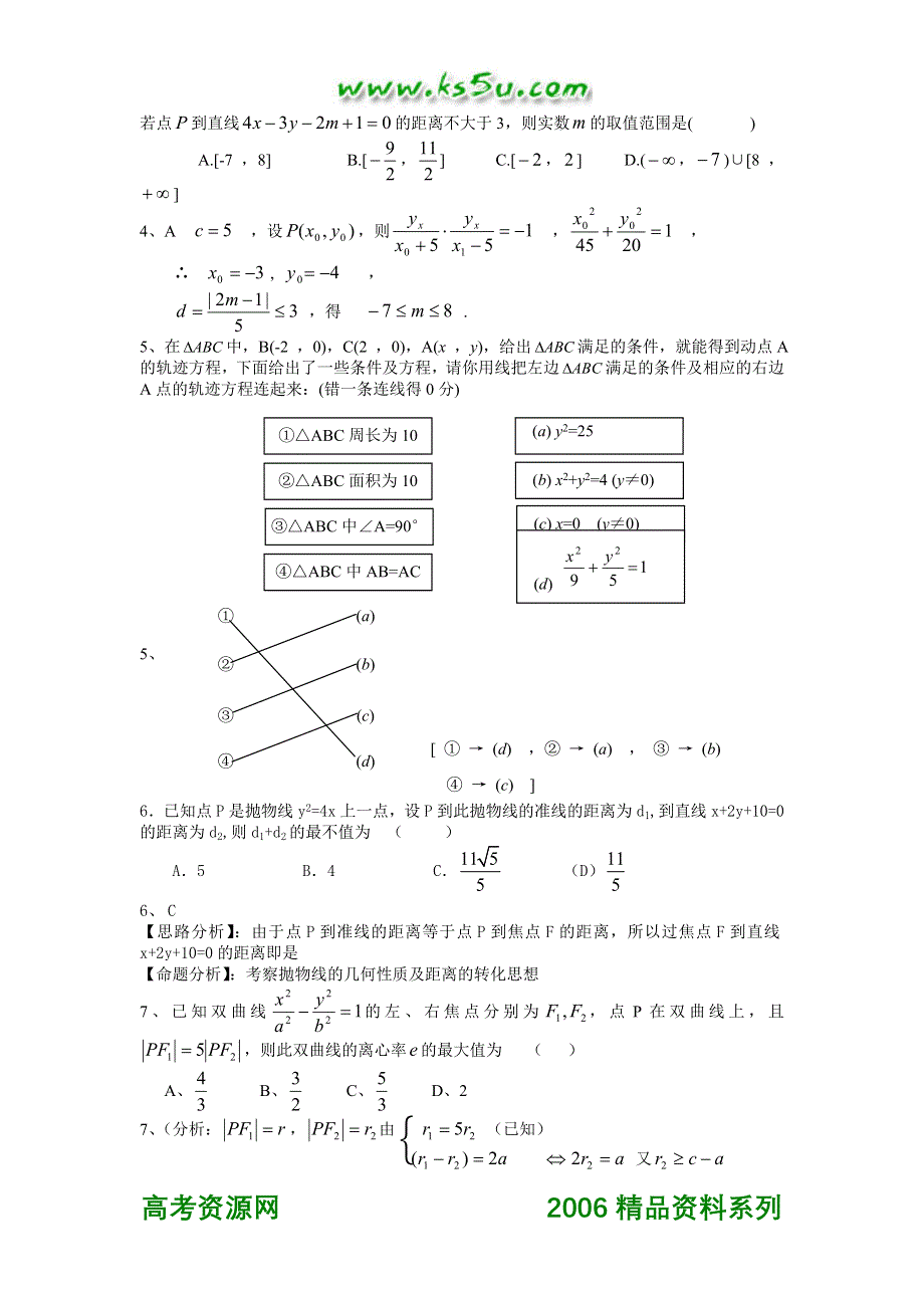 2006年湖北武钢三中高考数学模拟试题分类解析 第8章圆锥曲线的方程.doc_第2页