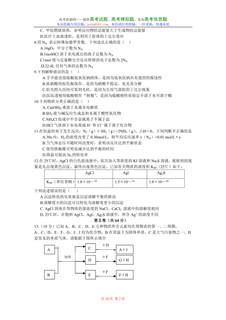 2007年海南省普通高等学校招生考试调研测试题化学卷.doc_第2页