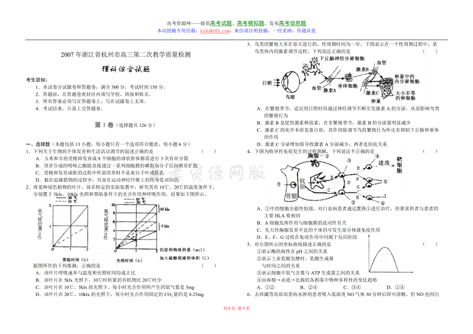 2007年浙江省杭州市高三第二次教学质量检测理综卷.doc_第1页