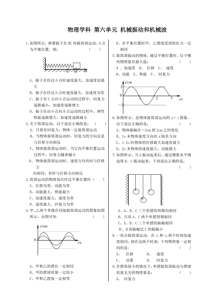 2007年高三第一轮复习单元练习六 机械振动和机械波（物理）.doc_第1页