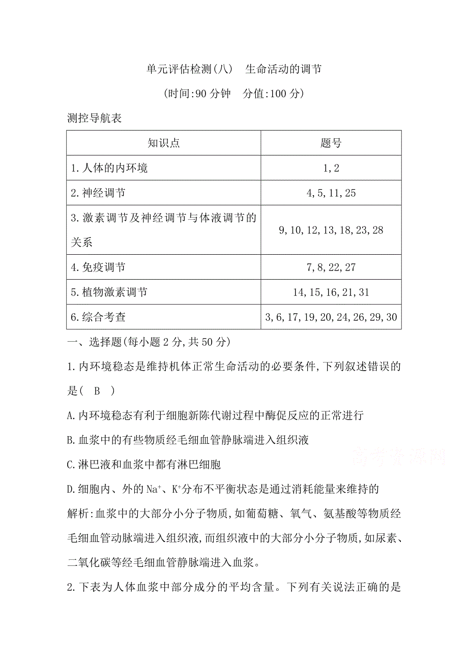 2020版高考人教版生物总复习单元评估检测（八）　生命活动的调节 WORD版含解析.doc_第1页