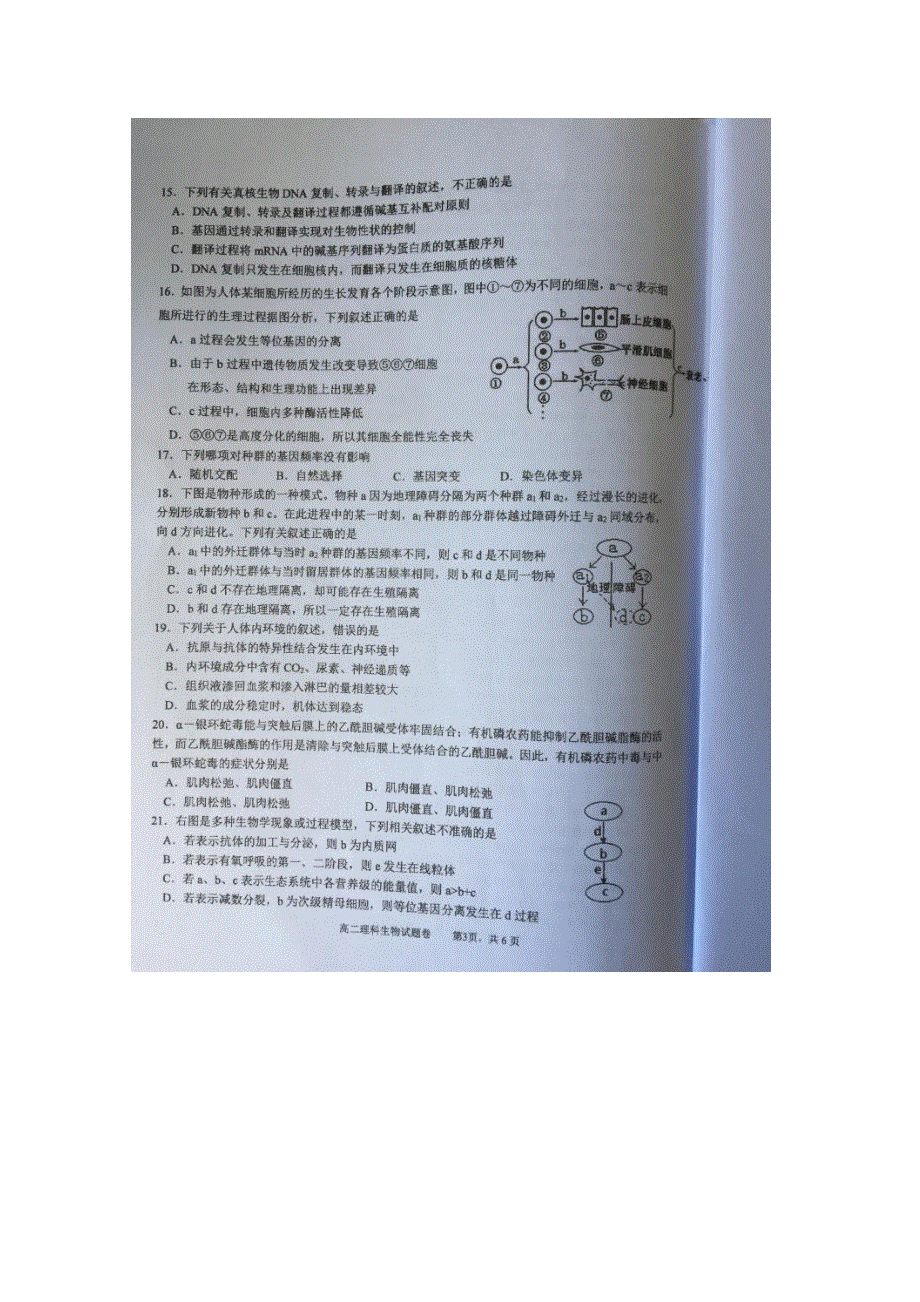 云南省大理州南涧县2016-2017学年高二上学期期末考试生物试题 扫描版含答案.doc_第3页