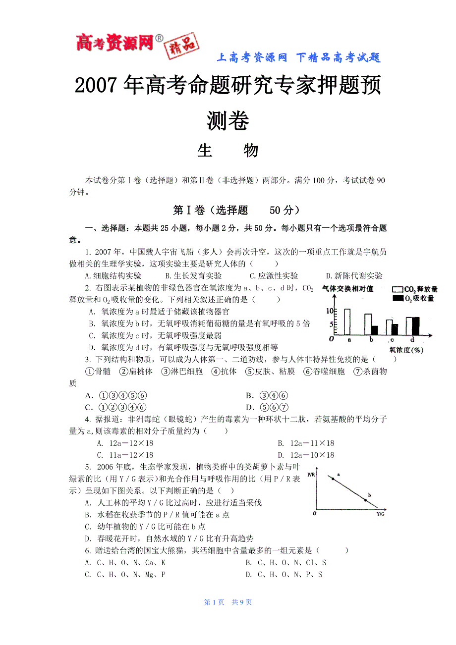 2007年高考命题研究专家押题预测卷.doc_第1页