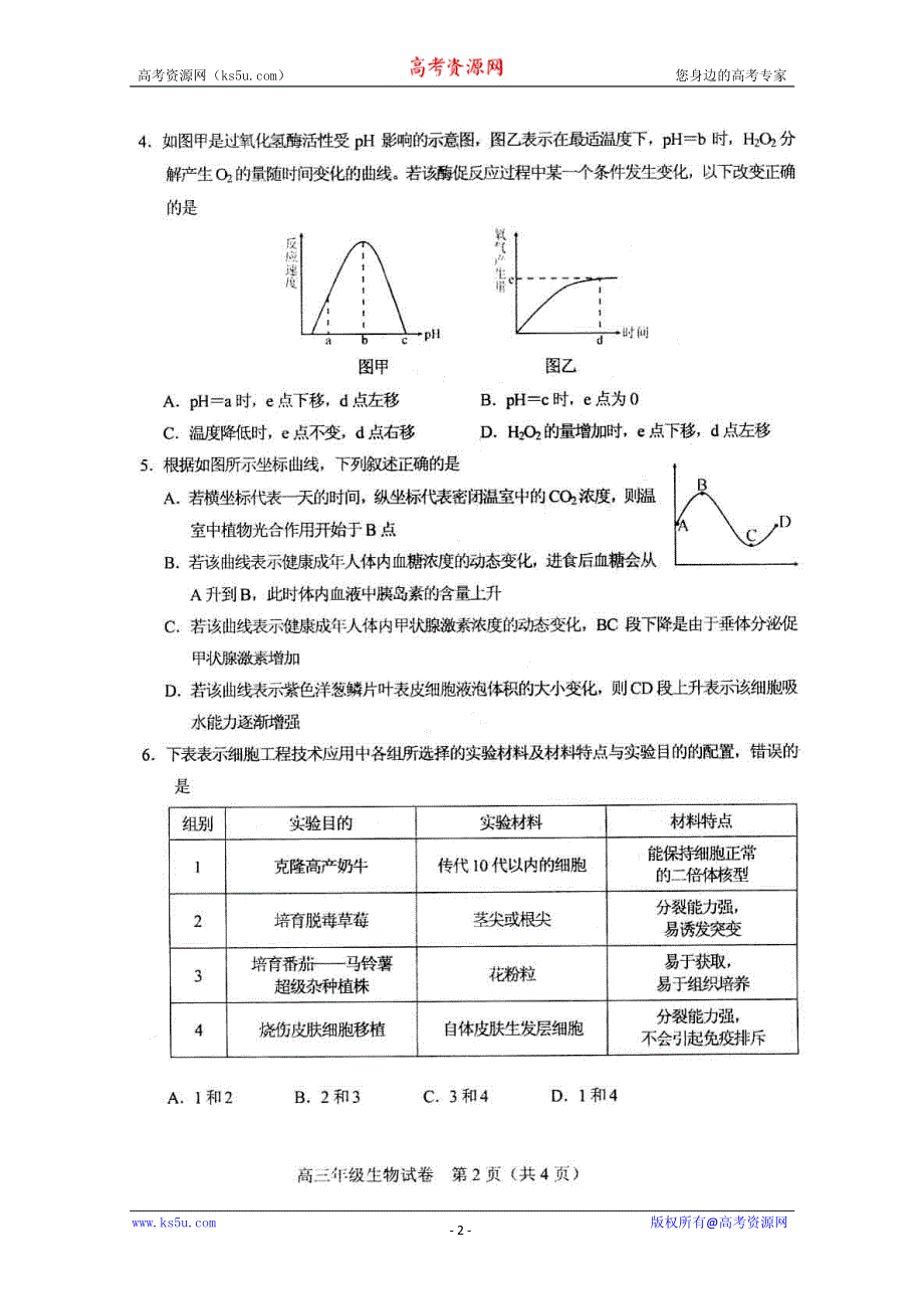 《首发》天津市和平区2012届高三第一次质量调查 生物试题 PDF版（2012和平区一模）.pdf_第2页