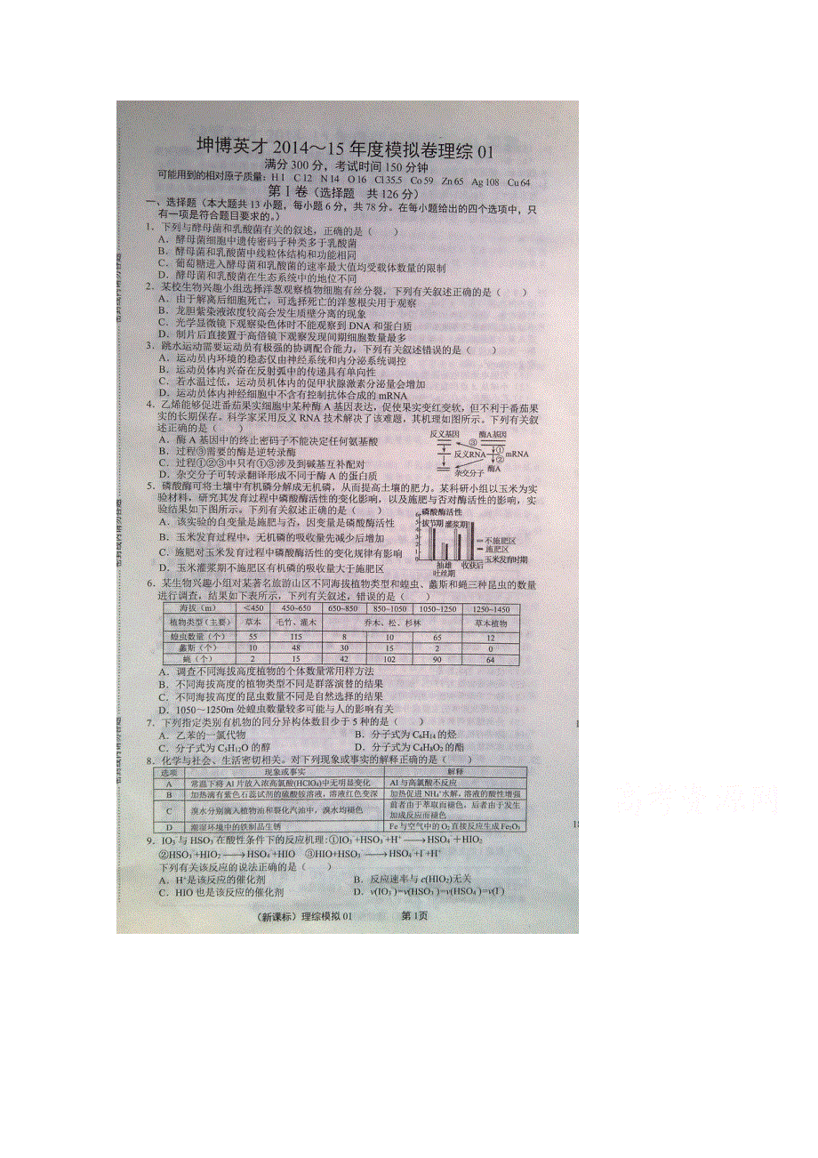 《2015高考真题考前模拟预测》坤博英才2015届高考模拟预测汇编（新课标）01理科综合试题 扫描版含答案.doc_第1页