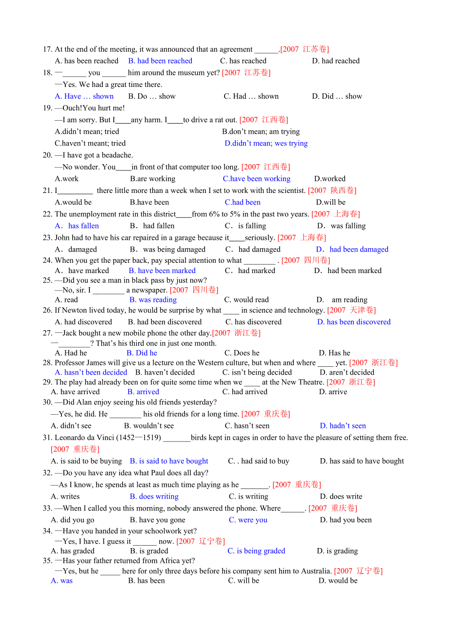 2007年全国20套高考试卷单项选择语法分类汇编.doc_第2页