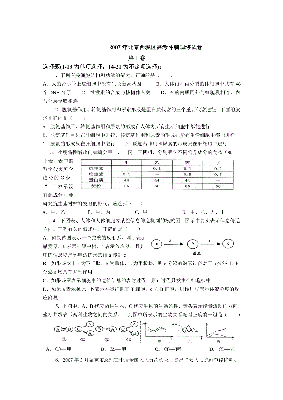 2007年北京西城区高考冲刺理综试卷.doc_第1页