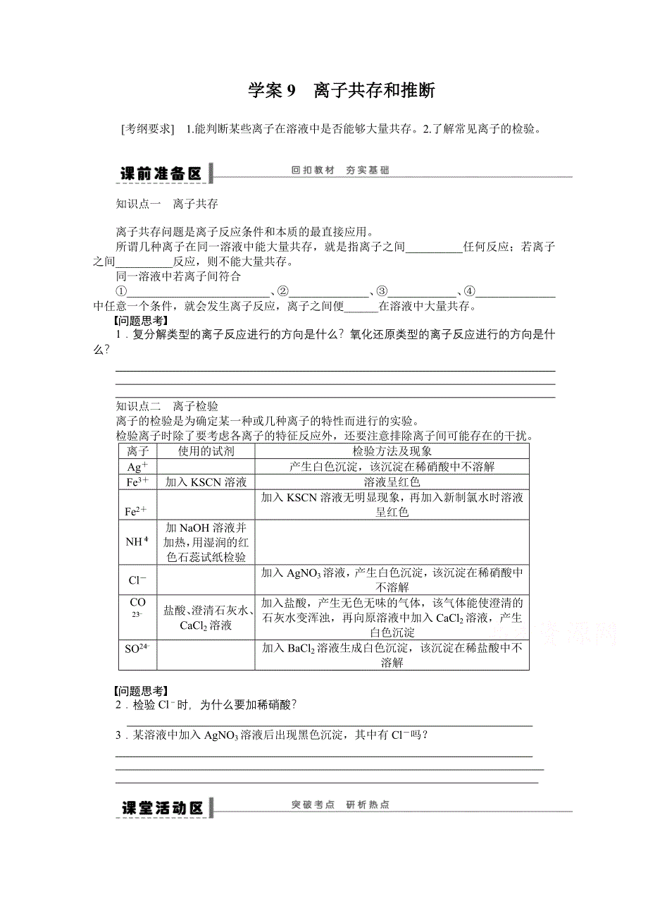 《2016决胜高考》鲁科版化学一轮复习导练测：第二章 化学物质及其变化 学案9 离子共存和推断.doc_第1页