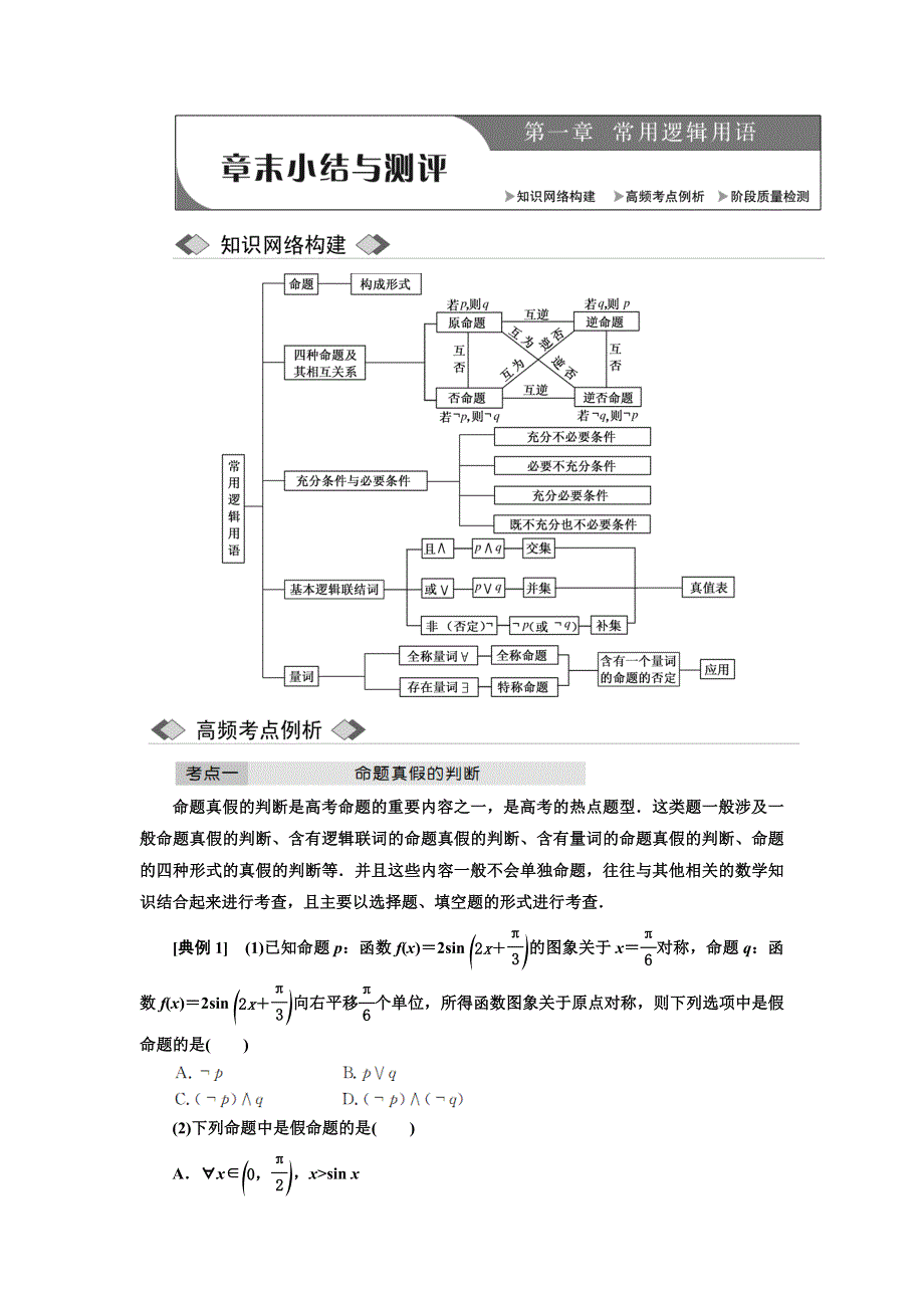 《创新方案》2017-2018学年高中数学（人教A版）选修2-1教师用书：1章 章末小结与测评 WORD版含答案.doc_第1页