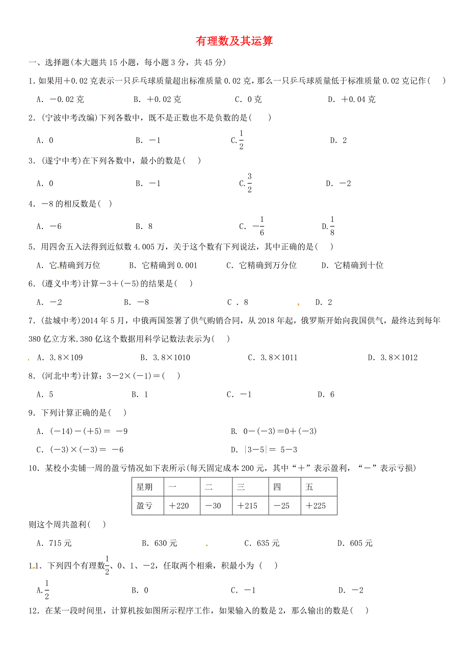 七年级数学上册 第二章 有理数及其运算单元测试 （新版）北师大版.doc_第1页