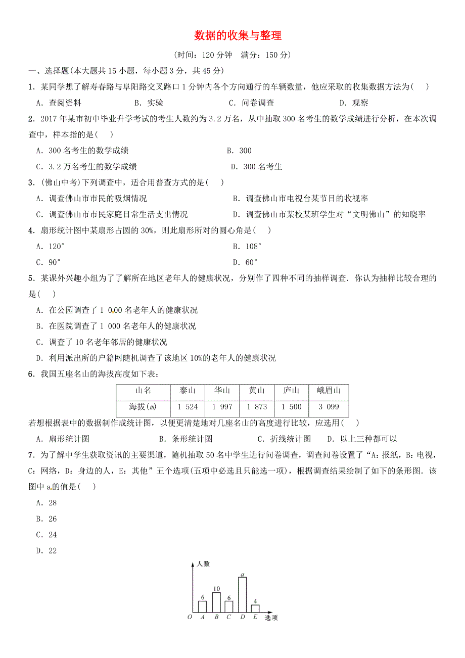 七年级数学上册 第六章 数据的收集与整理单元综合测试 （新版）北师大版.doc_第1页