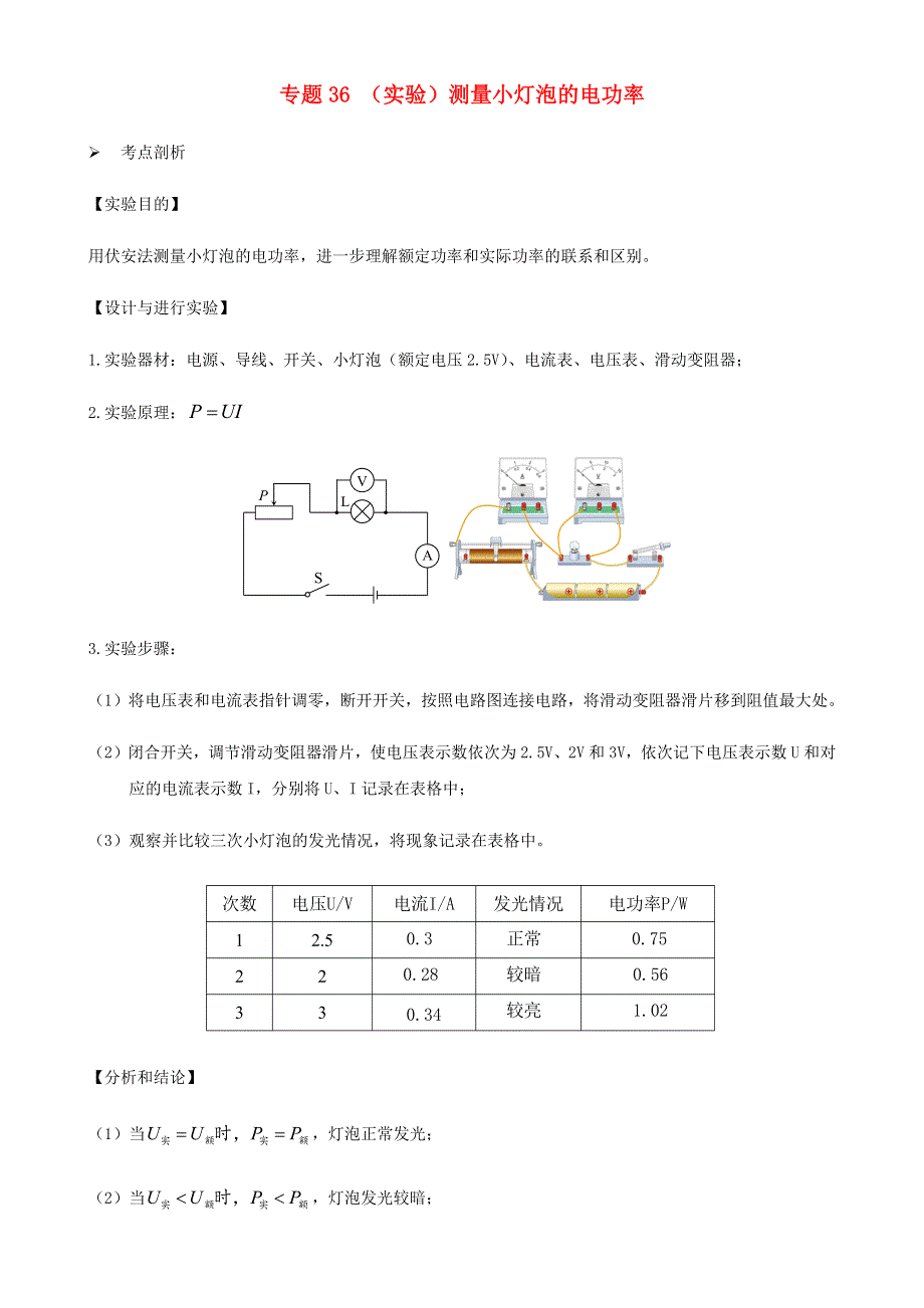 2020-2021学年初中物理电学同步专题点拨与强化 专题36（实验）测量小灯泡的电功率（含解析）.docx_第1页