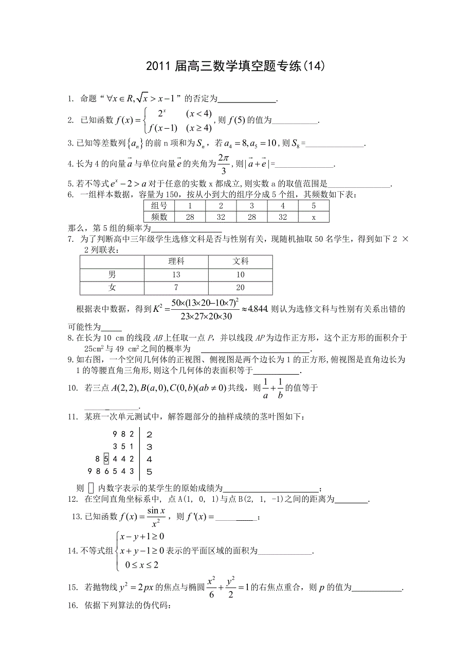 2011届高三数学填空题专练(14).doc_第1页