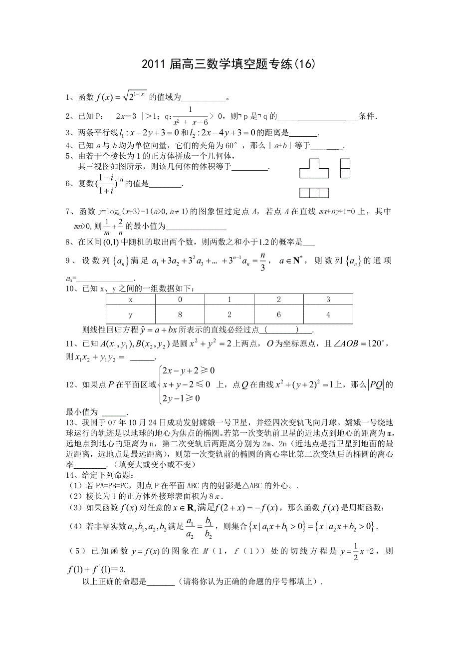 2011届高三数学填空题专练(16).doc_第1页