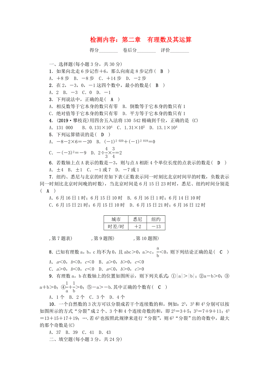 七年级数学上册 单元清2 （新版）北师大版.doc_第1页