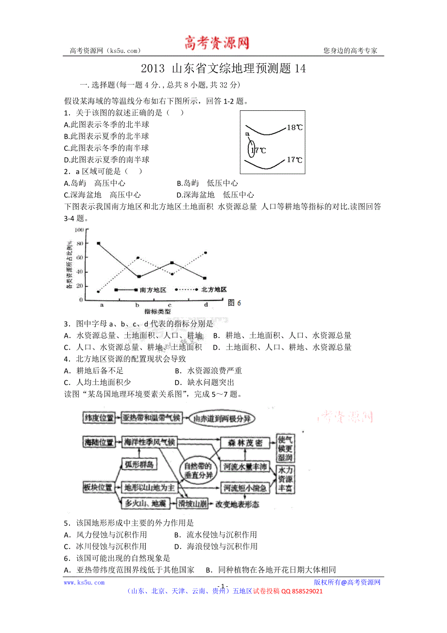 《首发》山东省2013高三地理预测试题14 WORD版含答案.doc_第1页