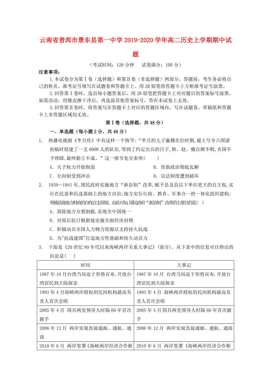 云南省普洱市景东县第一中学2019-2020学年高二历史上学期期中试题.doc_第1页