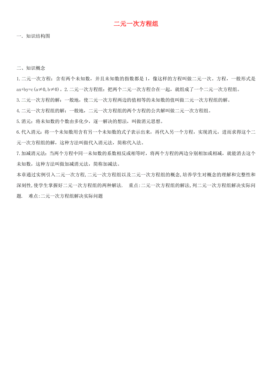 七年级数学下册 第八章 二元一次方程组知识点总结素材 （新版）新人教版.doc_第1页