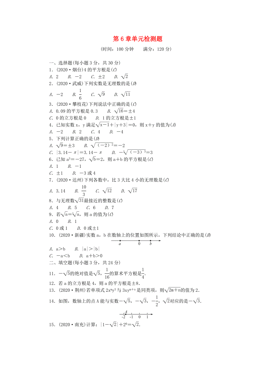 七年级数学下册 第六章 实数单元综合检测题 （新版）新人教版.doc_第1页