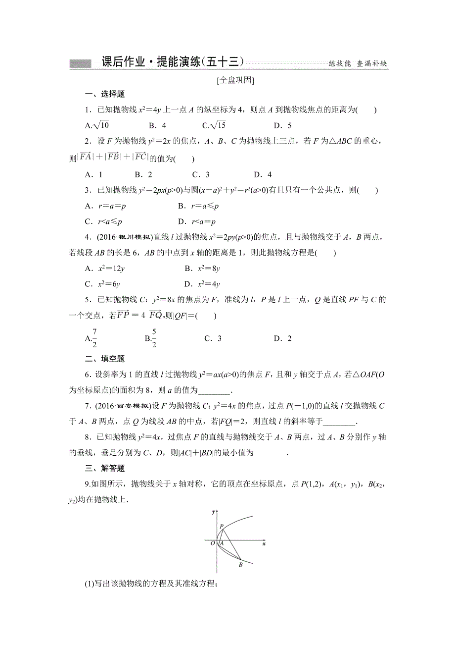 《创新方案》2017届高考数学（理）一轮复习课后作业：第九章第七节 抛 物 线 WORD版含解析.DOC_第1页