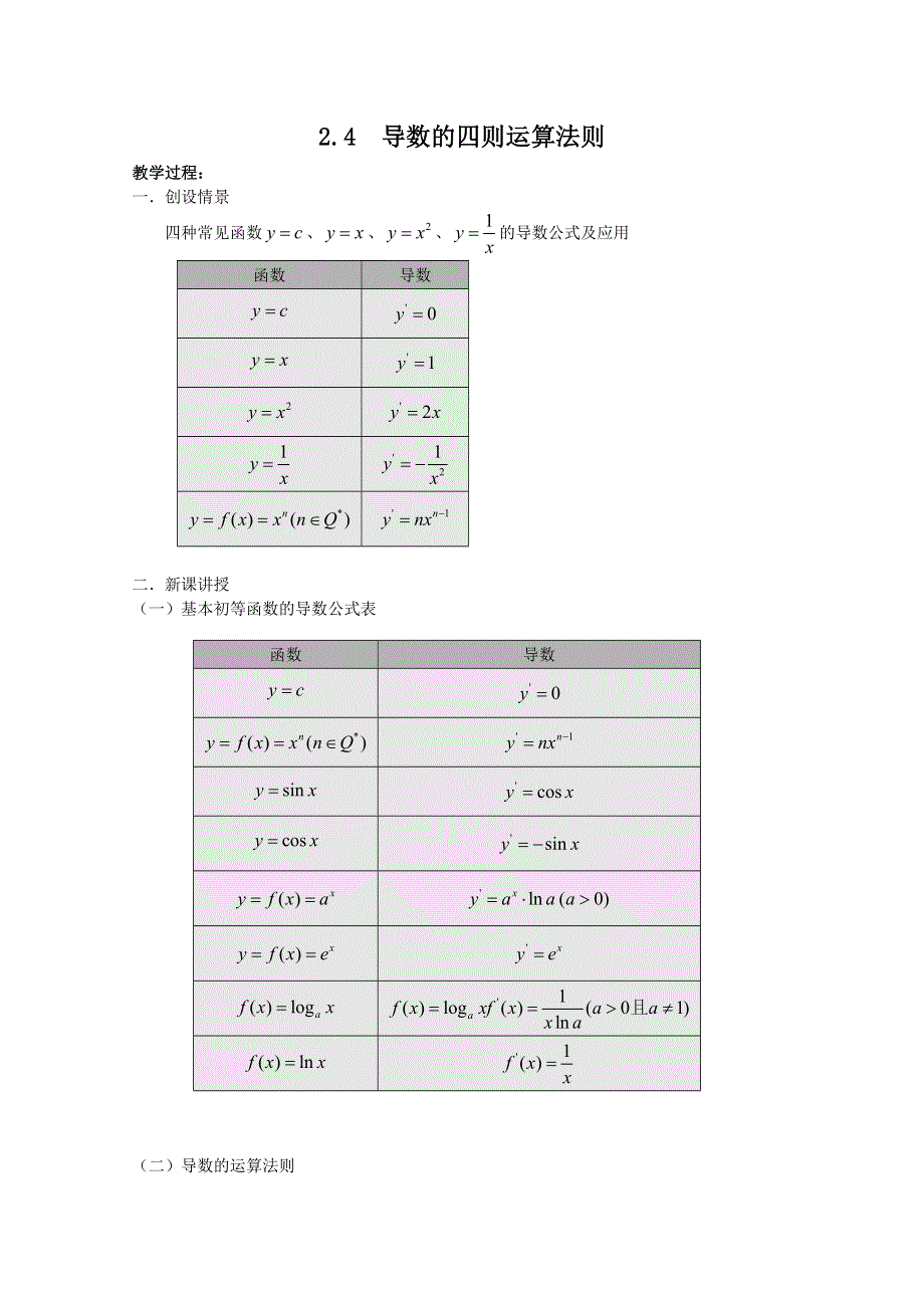 高中数学：2.4导数的四则运算法则（一） 教案 （北师大选修2-2）.doc_第1页