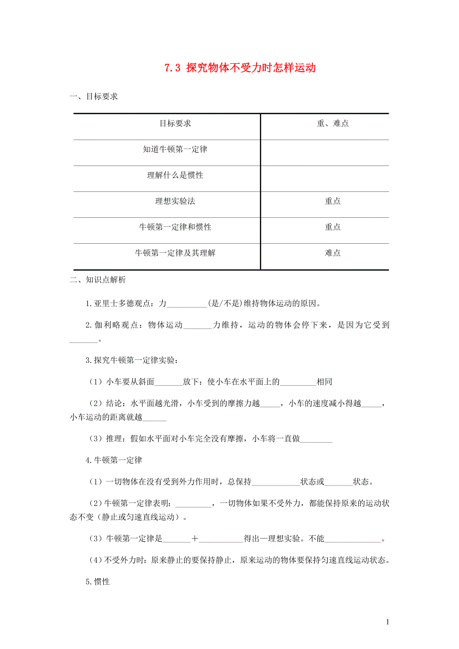 2020-2021学年八年级物理下册 7.3探究物体不受力时怎样运动辅导讲义（新版）粤教沪版.docx_第1页