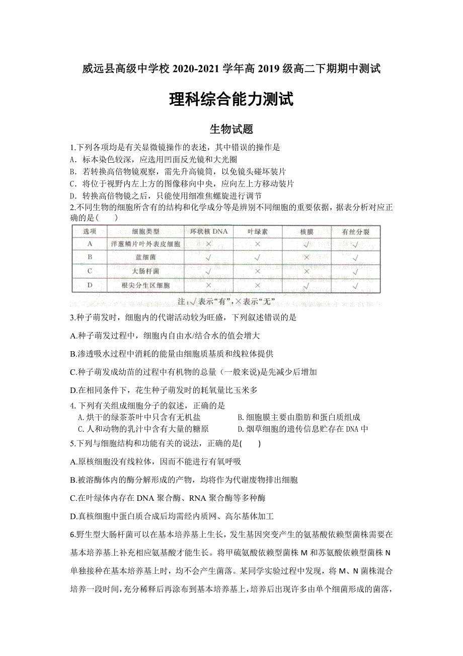 四川省内江市威远中学2020-2021学年高二下学期期中考试理综-生物试题 WORD版含答案.doc_第1页