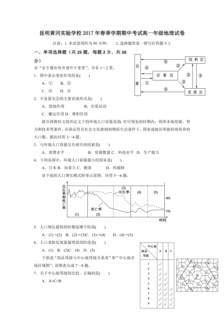 云南省昆明市黄冈实验学校2016-2017学年高一下学期期中考试地理试题 WORD版含答案.doc_第1页