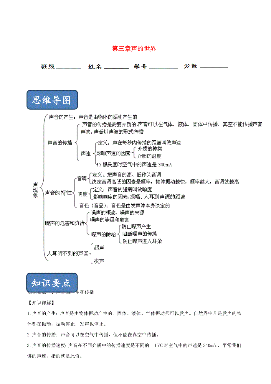 2020-2021学年八年级物理全册 第三章 声的世界单元总结（含解析）（新版）沪科版.docx_第1页