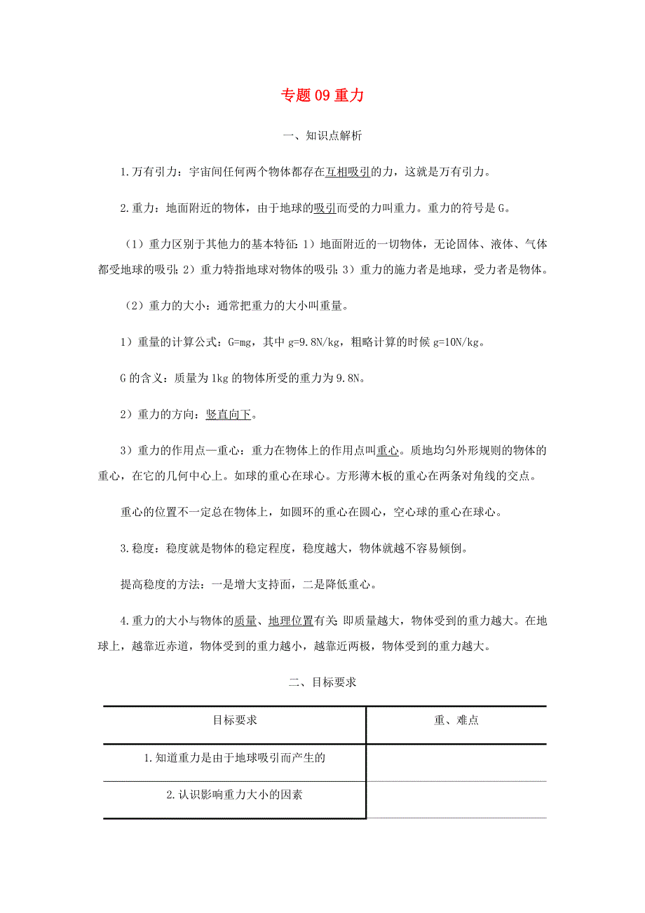 2020-2021学年八年级物理寒假辅导讲义 专题09 重力（含解析）（新版）新人教版.docx_第1页