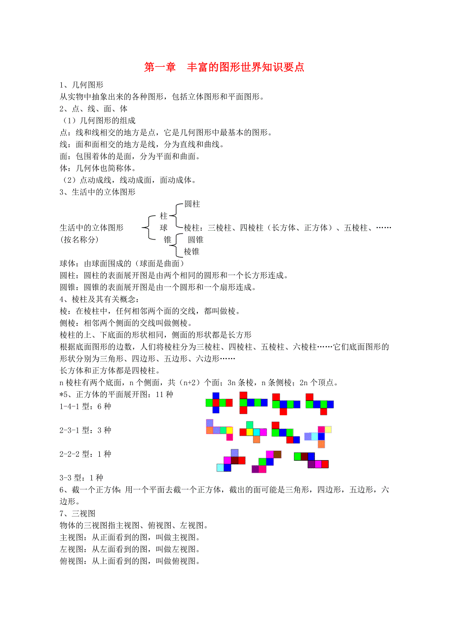 七年级数学上册 第一章 丰富的图形世界知识归纳 （新版）北师大版.doc_第1页