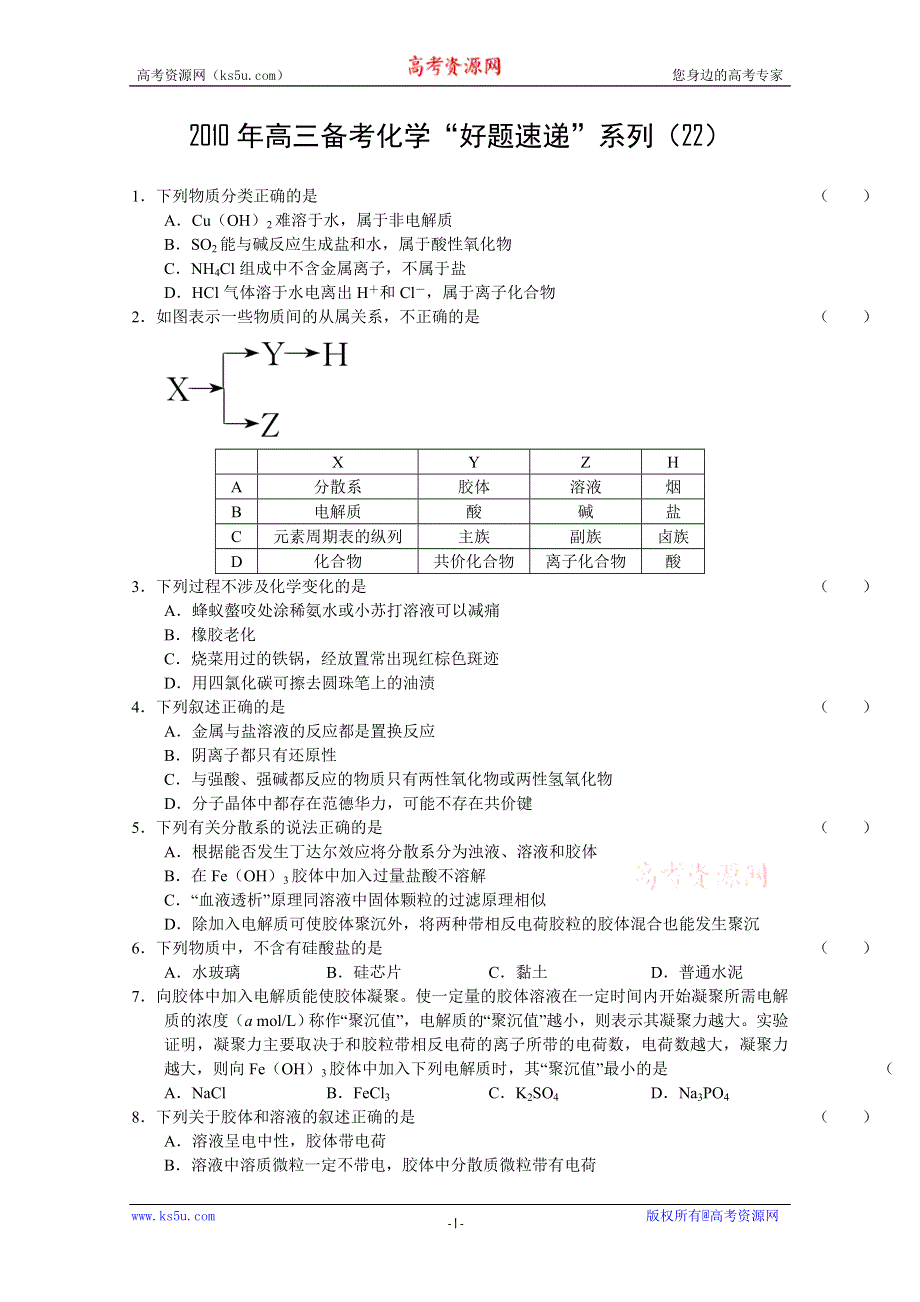 2011届高三备考化学“好题速递”系列（22）.doc_第1页