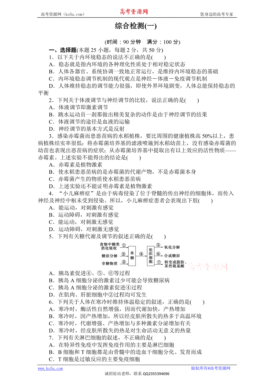 《创新设计》2016-2017学年高二生物（人教版）必修三 综合检测（一）.doc_第1页