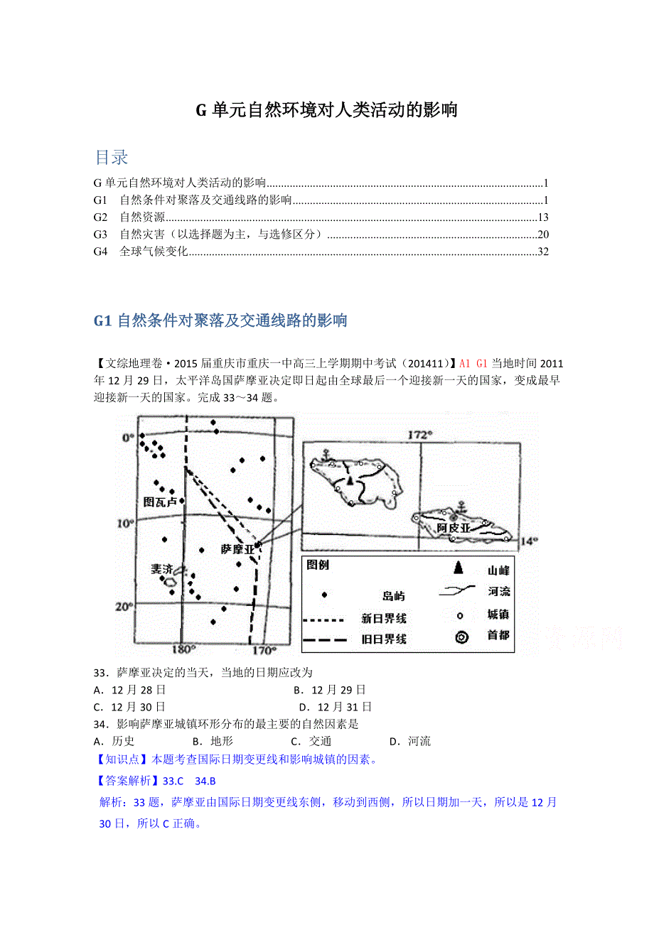 《名校精品解析》2015届高三分类汇编（地理）12月份：G单元自然环境对人类活动的影响.doc_第1页