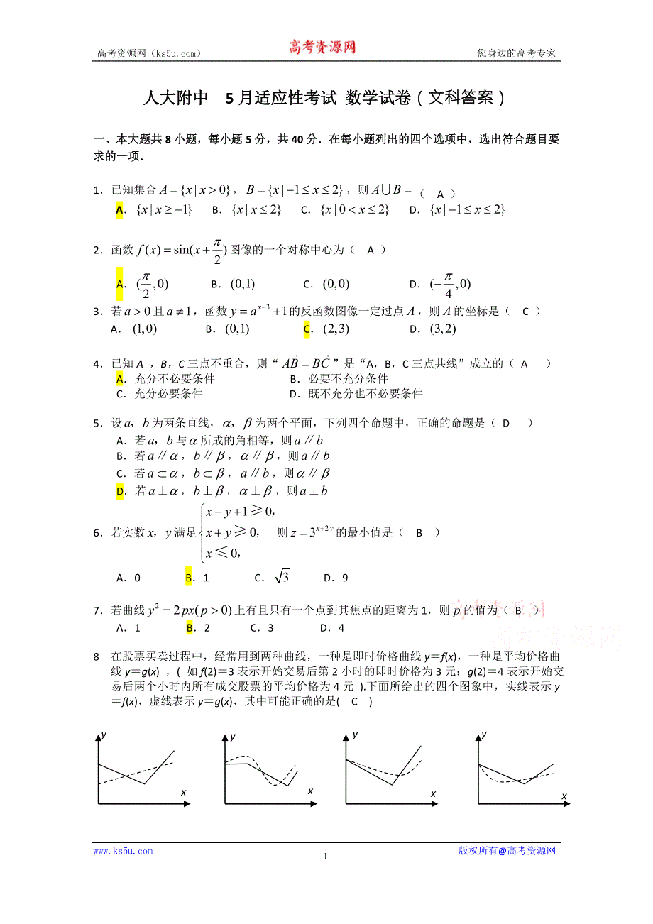 人大附中2015届高三5月适应性练习数学文试题 WORD版含答案.doc_第1页