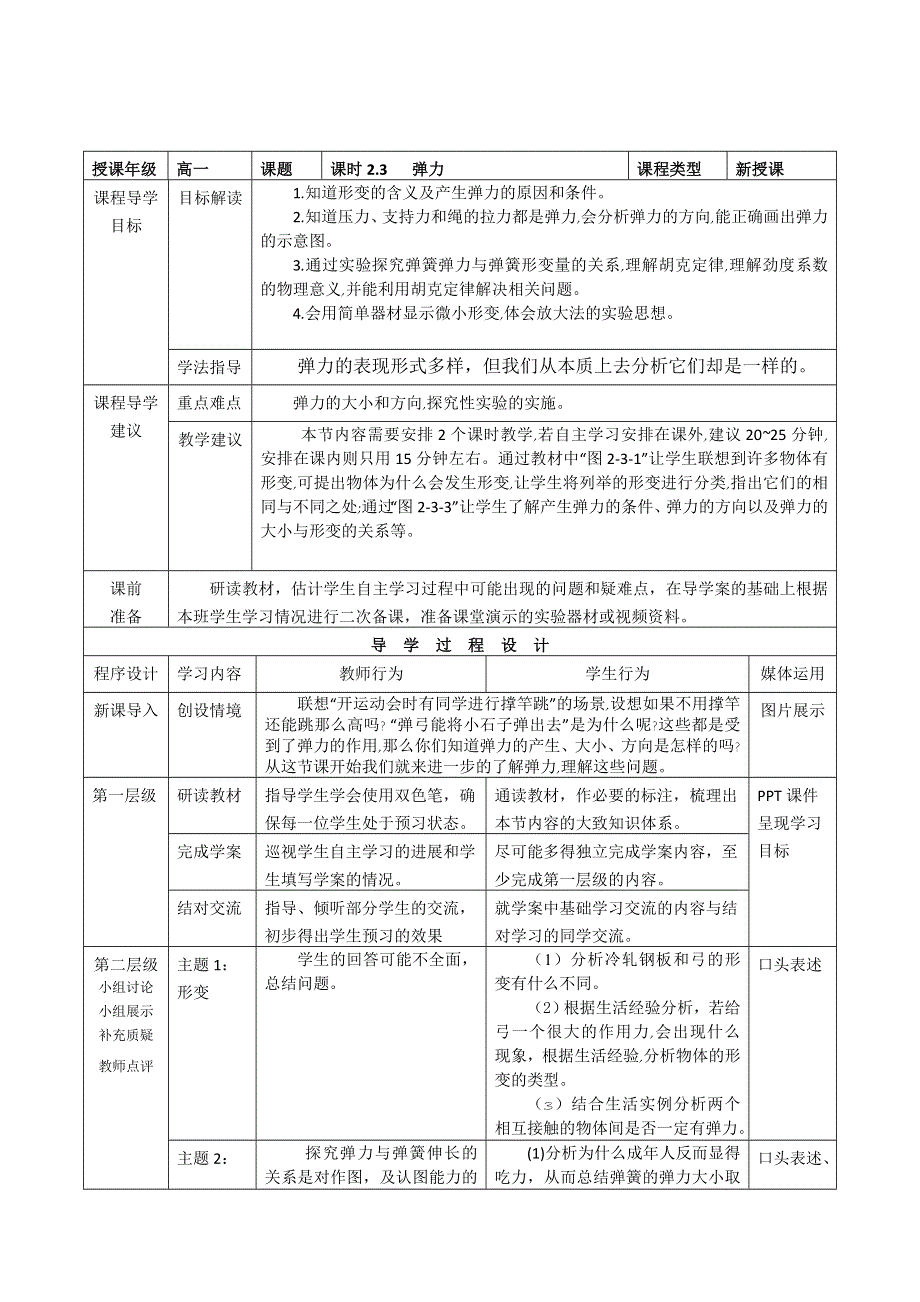 2015年高一物理教科版必修1教学实施参考方案：2.3《弹力》 .doc_第1页