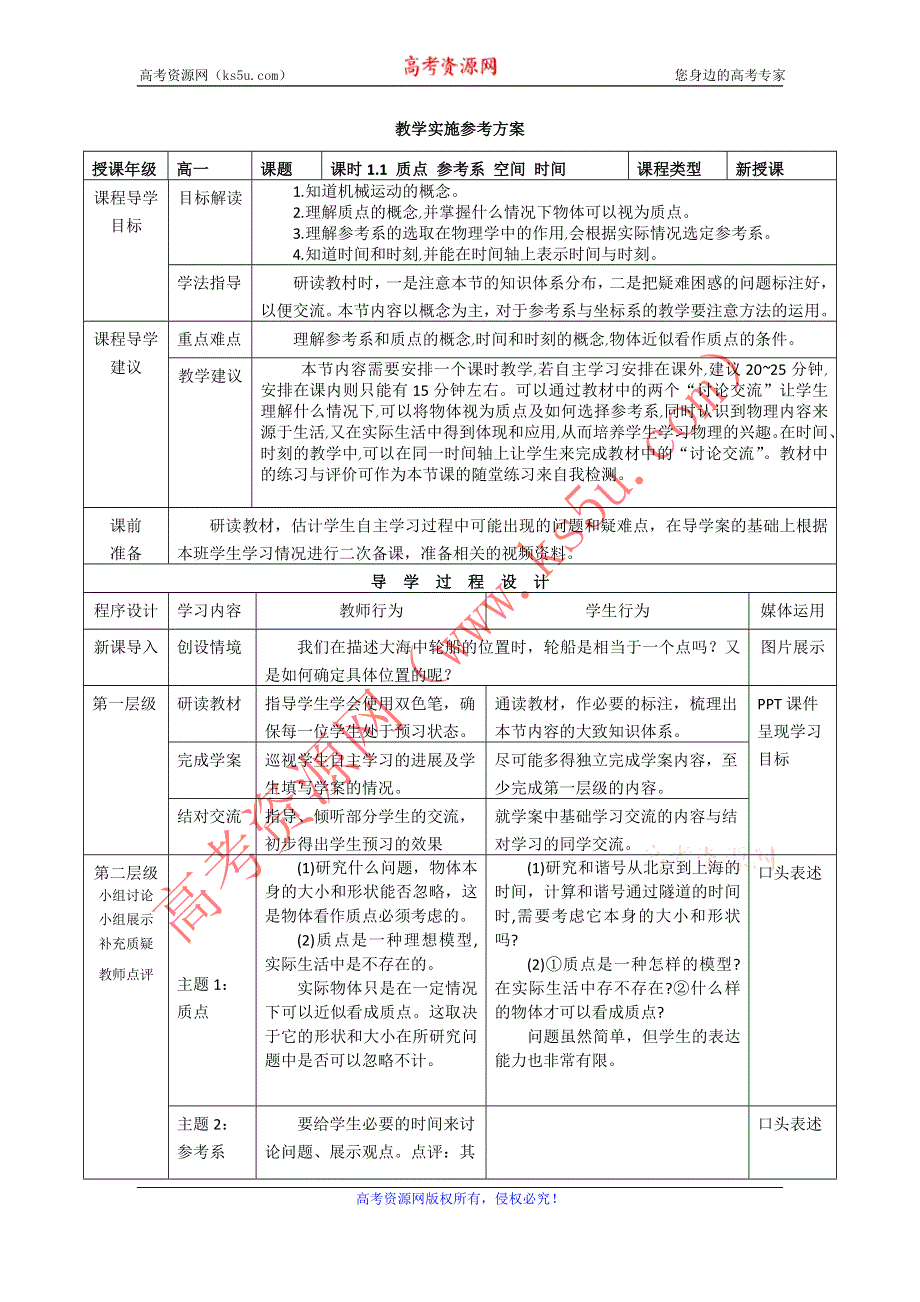 2015年高一物理教科版必修1教学实施参考方案：1.1《质点 参考系 空间 时间》 .doc_第1页