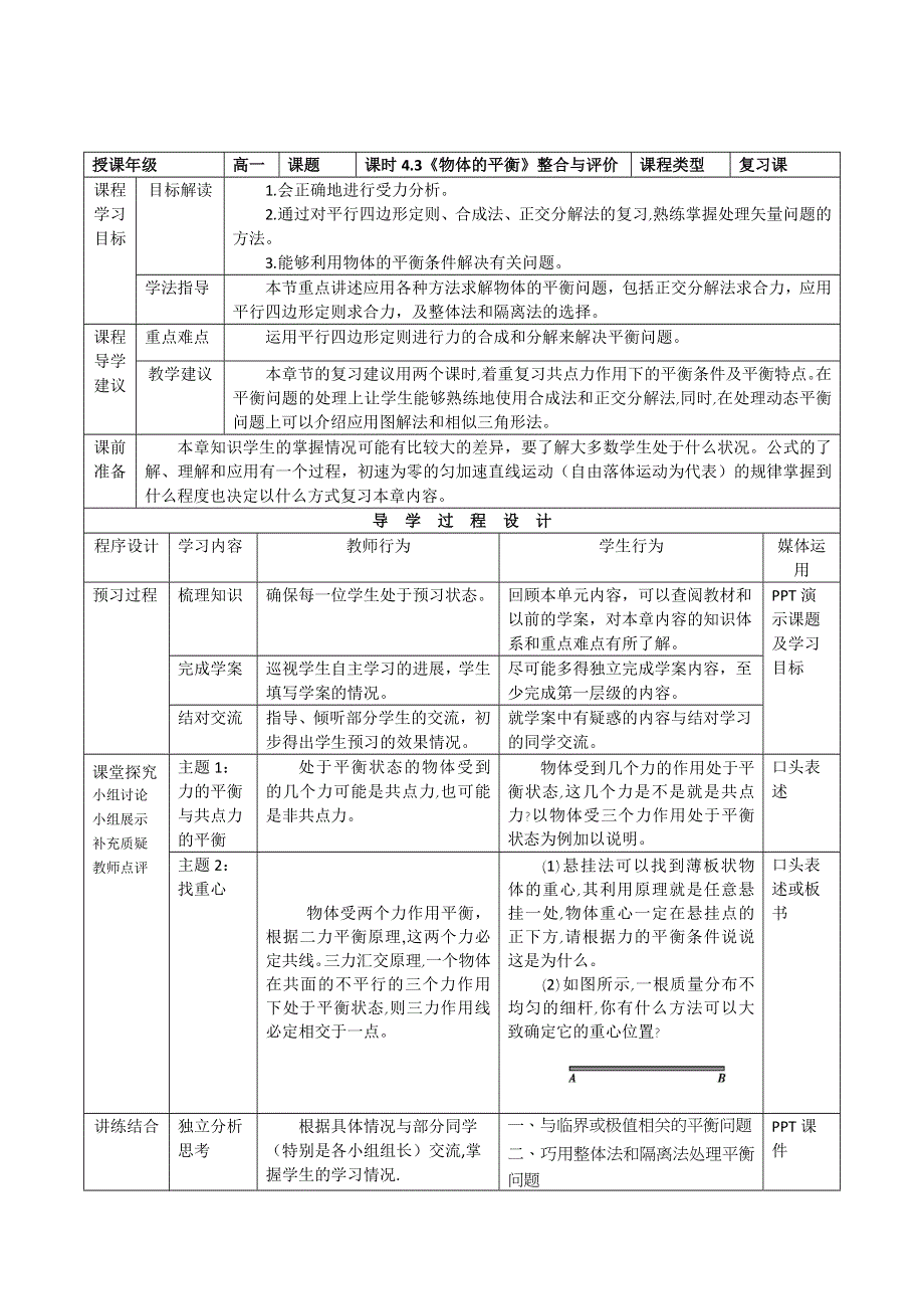 2015年高一物理教科版必修1教学实施参考方案：4章《物体的平衡》整合与评价 .doc_第1页