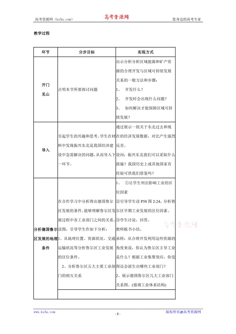 2011高二地理教案 2.5 矿产资源合理开发和区域可持续发展--以德国鲁尔区为例 （湘教版必修3）.doc_第3页