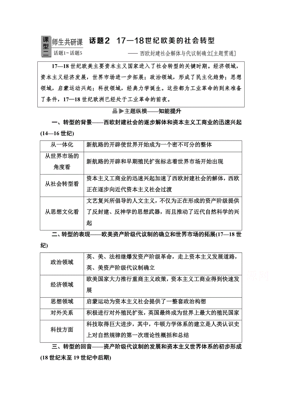 2020历史二轮专题版教师用书：第1部分 模块3 话题2 17-18世纪欧美的社会转型 WORD版含解析.doc_第1页