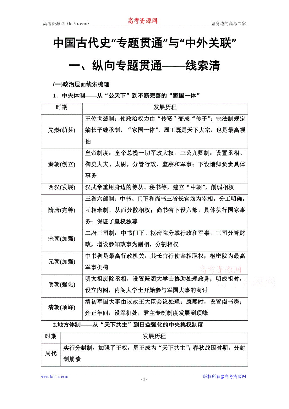 2020历史二轮通史版教师用书：第1部分 第1篇 中国古代史“专题贯通”与“中外关联” WORD版含解析.doc_第1页