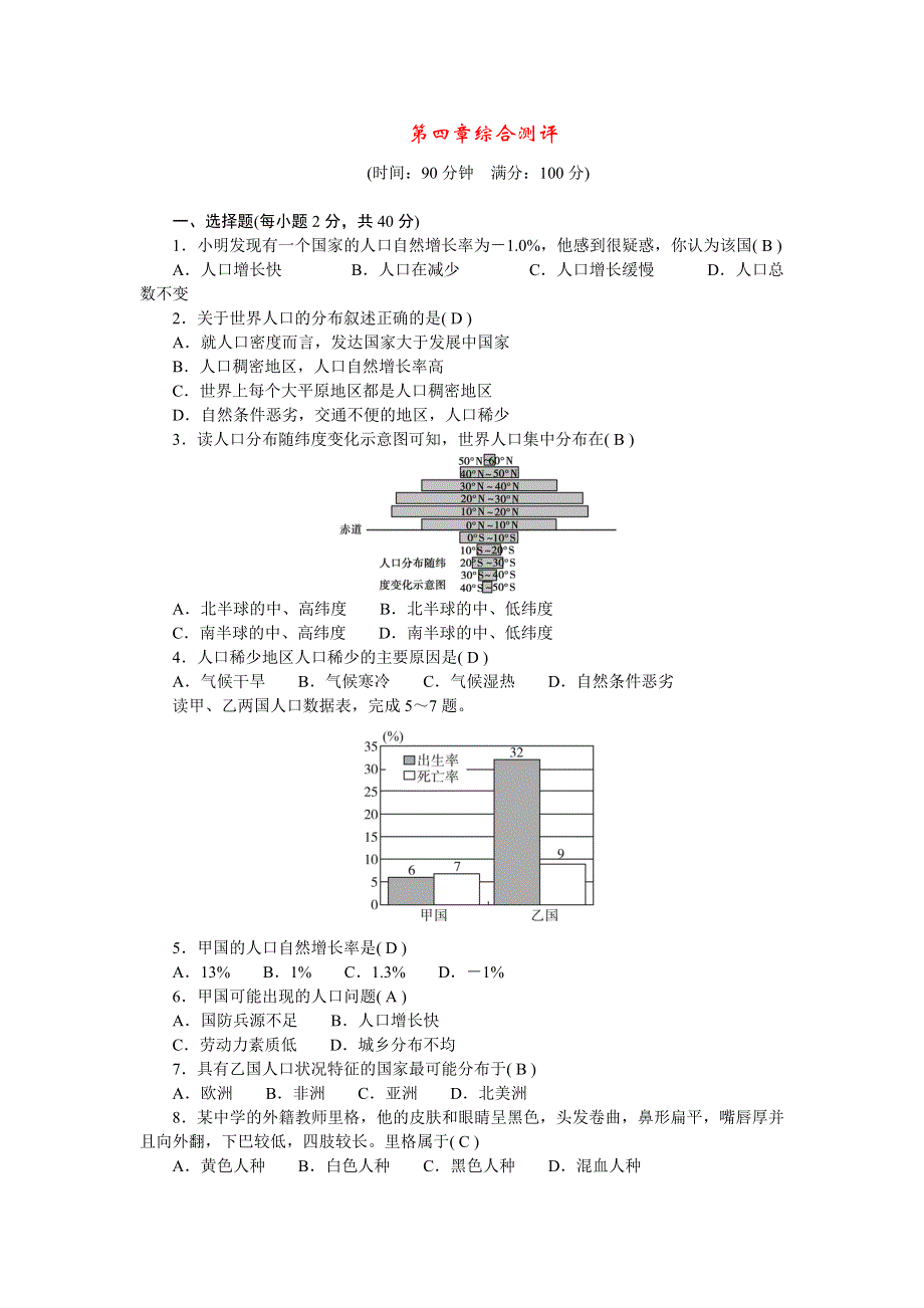 2022七年级地理上册 第四章 居民与聚落综合测评 （新版）新人教版.doc_第1页