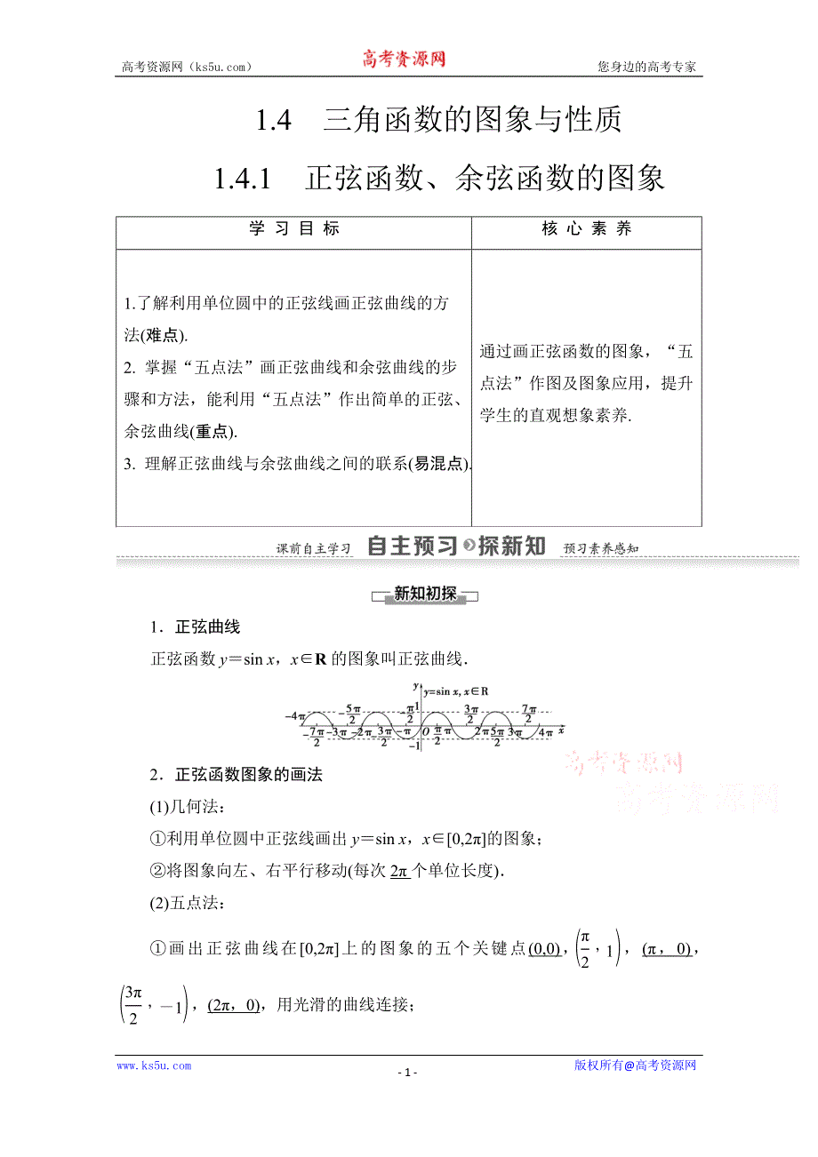 2020-2021学年人教A版高中数学必修4学案：1-4-1　正弦函数、余弦函数的图象 WORD版含解析.doc_第1页