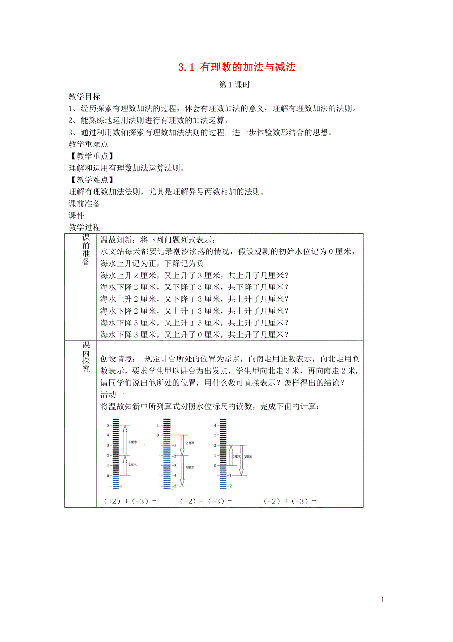 2022七年级数学上册 第3章 有理数的运算3.1 有理数的加法与减法第1课时教案 （新版）青岛版.doc_第1页