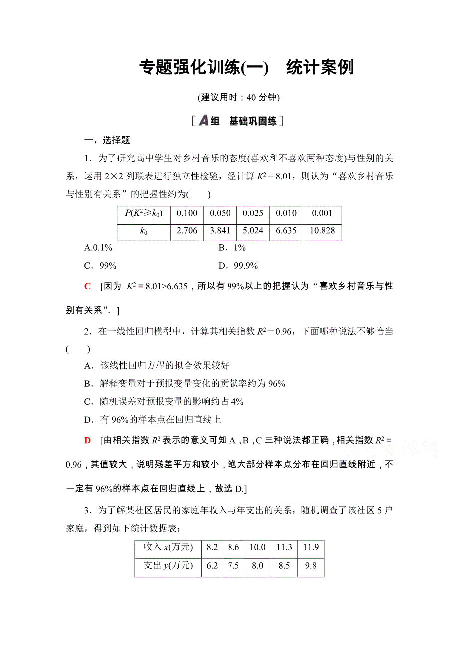 2020-2021学年人教版A数学选修1-2专题强化训练1　统计案例 WORD版含解析.doc_第1页