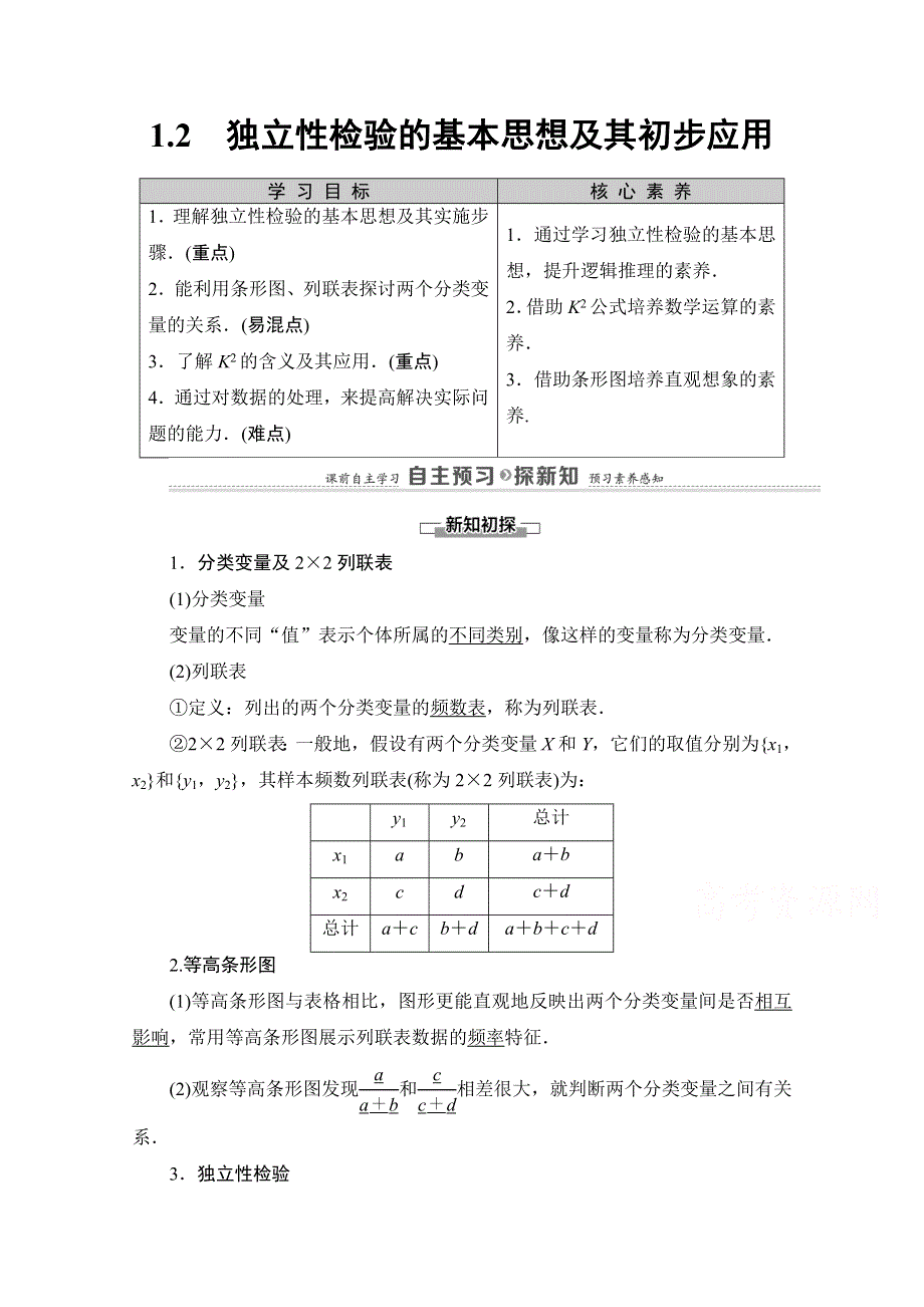 2020-2021学年人教版A数学选修1-2教师用书：第1章 1-2　独立性检验的基本思想及其初步应用 WORD版含解析.doc_第1页